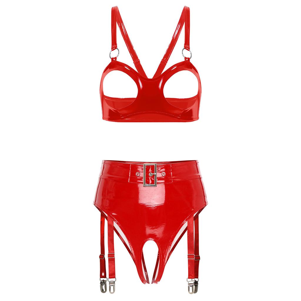 Ladies Glossy PU Leather Clubwear Set Open Cup Wireless O-Ring Bralette plus Integrated Panty Tiered Mini Skirt with Garter Clips for Night Out
