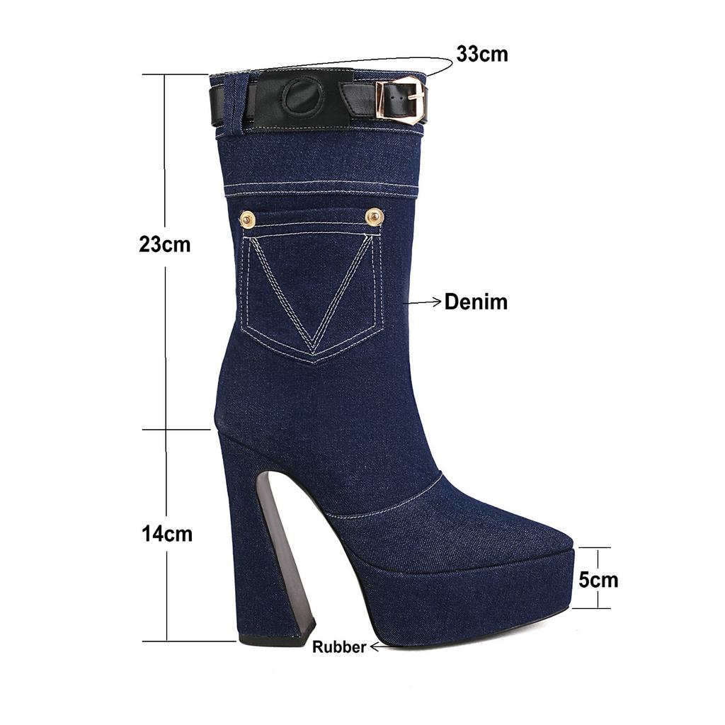 Denim Cowboy Boots Women with Pocket 2024 Fashion Winter High Heels Shoes Bright Line Pointd Toe Ankle Booties Plus Size 45