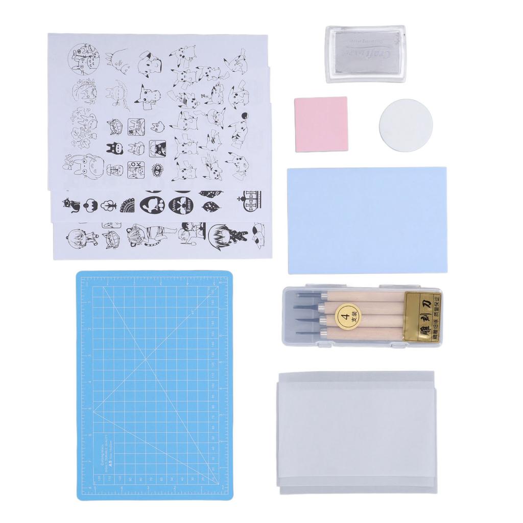 Rubber Stamp Carving Blocks Set A5 Blue Pad Incisive Knife DIY Comfortable Handle Washable Printing