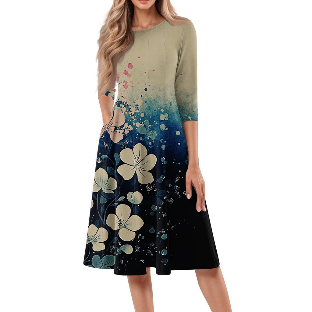 Women's Casual Fashion Round Neck Three-quarter Sleeve Floral Print Midi Dress