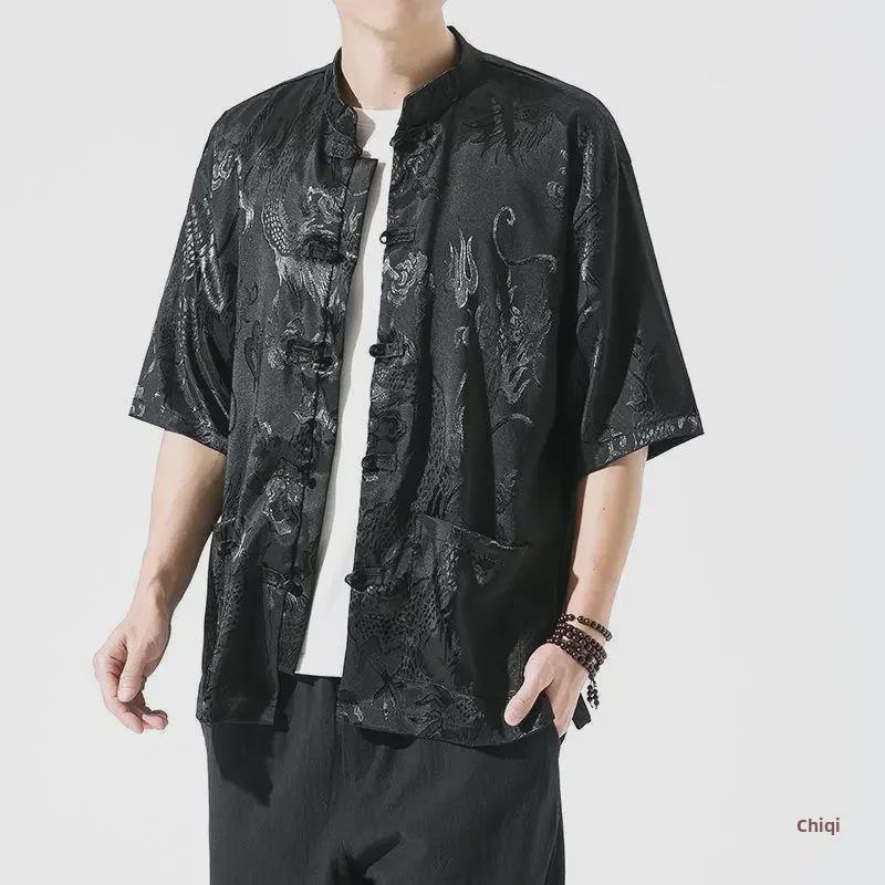 Pattern Chinese Style Dragon Mens Ice Silk Tang Shirt Short Sleeves Loose Fit