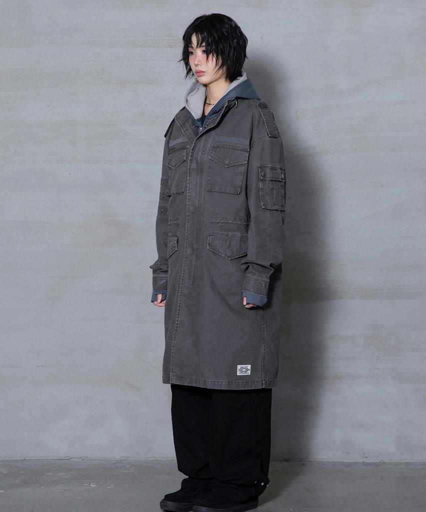 XTONZ Xj143 Military Vintage Washed Long M-65 Field Jacket (Charcoal)
