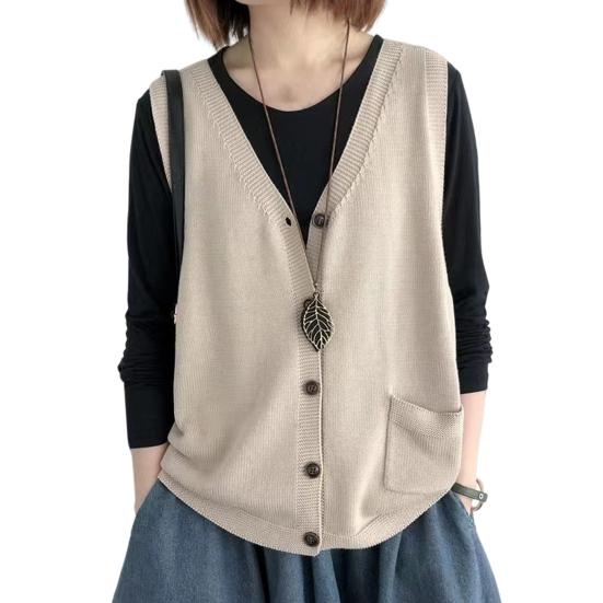 Женский вязаный жилет с V-образным вырезом без рукавов однобортный теплый жилет однотонный свободный крой