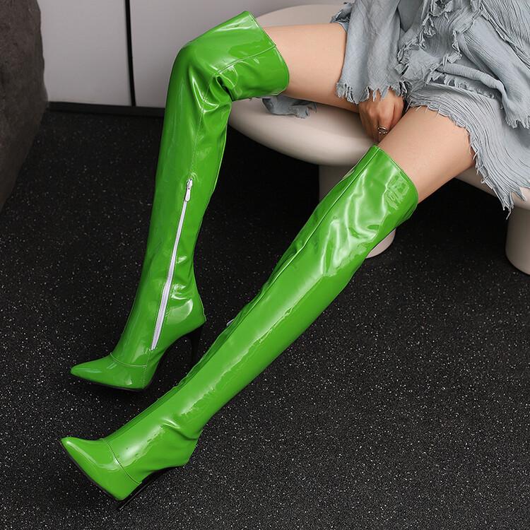Women Patent Leather Over the Knee Boots Purple Stiletto High Heels Shoes Red Pointed Toe Warm Lady Sexy Party Thigh Boots