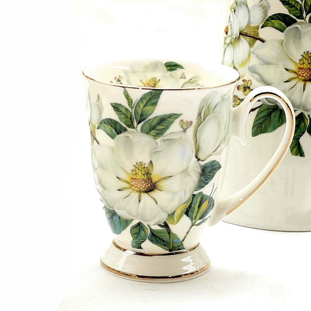 Fine Bone China Coffee Mugs Set of 4, Hand Drawn Gold Rimmed Floral Mugs, Porcelain Bone China Tea Cup with Lid, 300ml Elegant Office Home Tea Sets