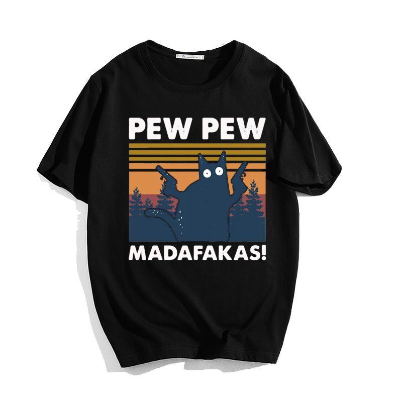 Новая футболка Pew Pew Madafakas Новинка Смешная кошка Винтажная с круглым вырезом Мужская футболка Смешная футболка