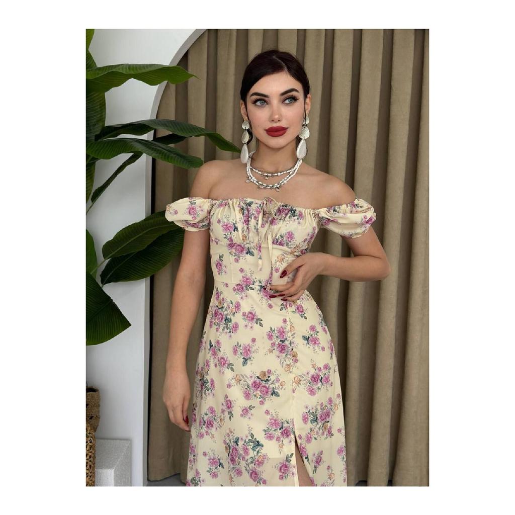 Women's Slit Loose Cut Skirt Collar Tie Detail Short Sleeve Blue Floral White Summer Dress