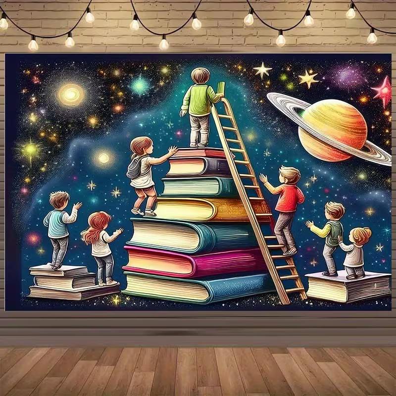 Двумерный фон «Звезды и Книги» для Детей, Двумерное Украшение «Чтение в Космос»