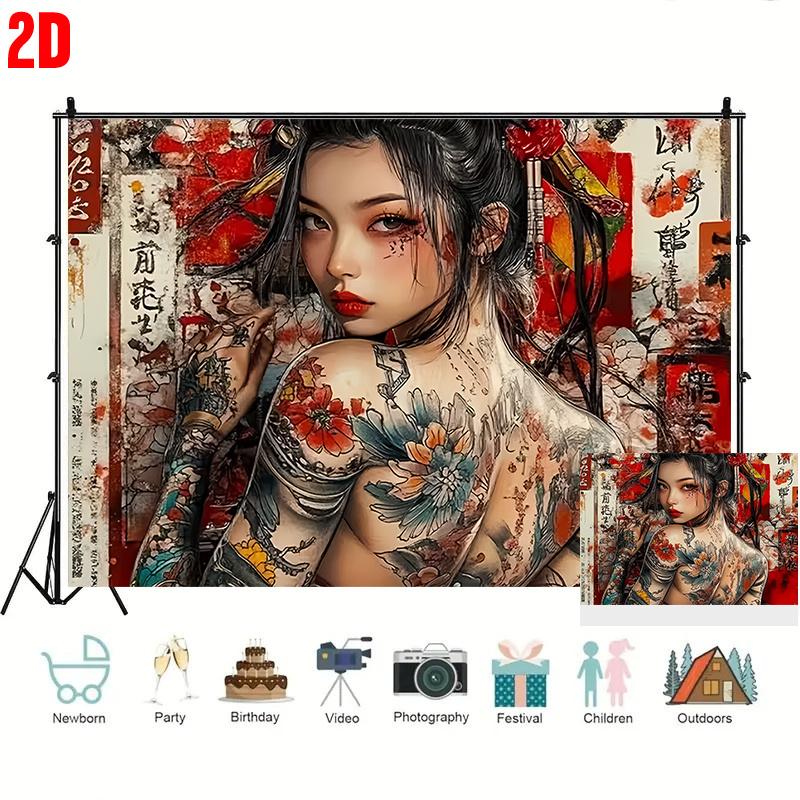 2D Flat Party Backdrop Banner - Large Japanese Geisha with Floral Tattoo & Calligraphy
