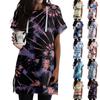 Women's Loose Shirts Printed Short Sleeve Drawstring Hoodies Knit Side Slit Tunic Hooded Tops With Pocket
