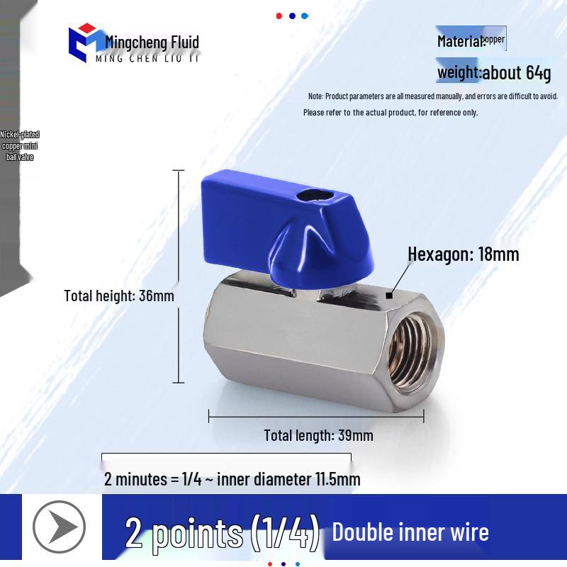 Compact Ball Valve with Double Male/Female Thread, Sizes 1/4", 3/8", 1/2", Pneumatic Polished Electroplated Switch Valve Accessory.