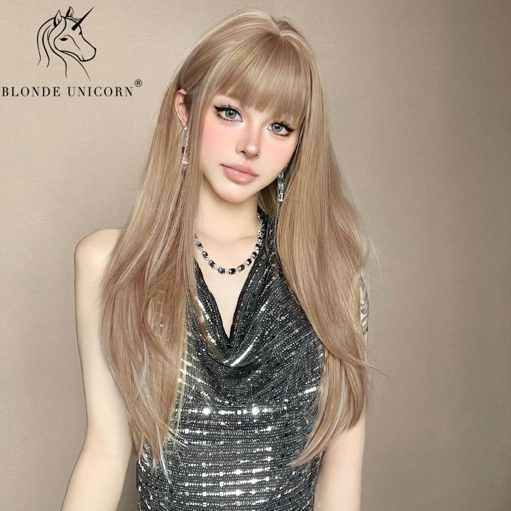 BLONDE UNICORN Long Blonde Straight Synthetic Wigs with Bangs Wavey Daily Party Cosplay Wigs for Women Heat Resistant Fiber Hair