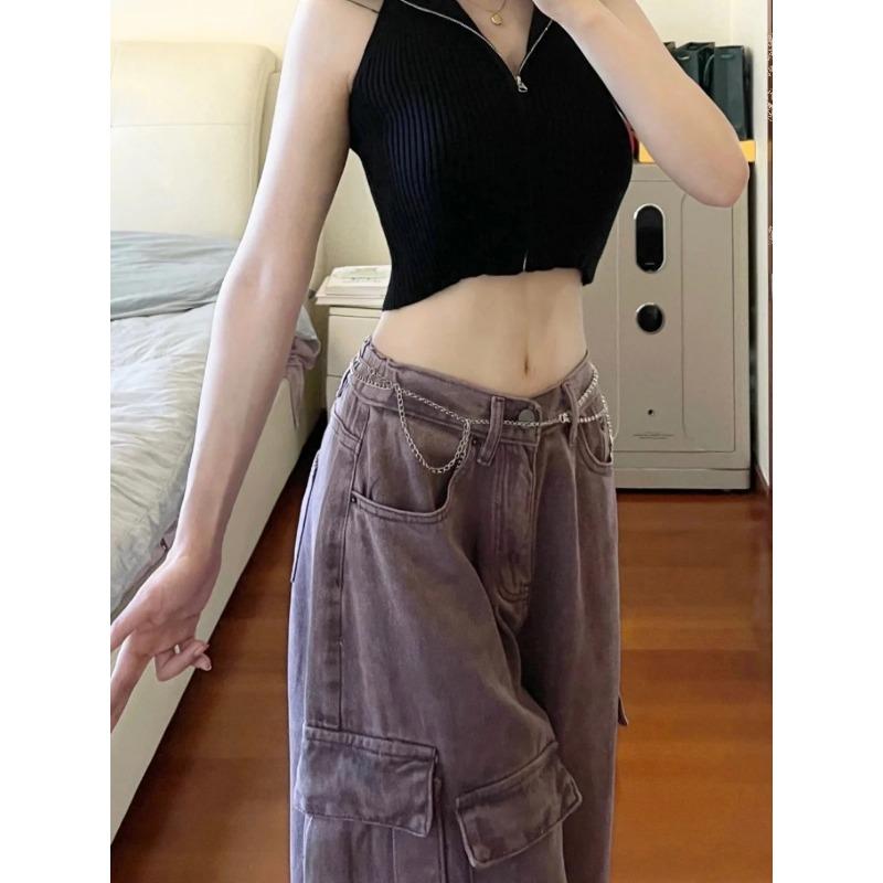 Большой размер, американская ретро-фиолетовая рабочая одежда, джинсы, женские осенние свободные широкие брюки с высокой талией для девочек, модные брюки-швабры