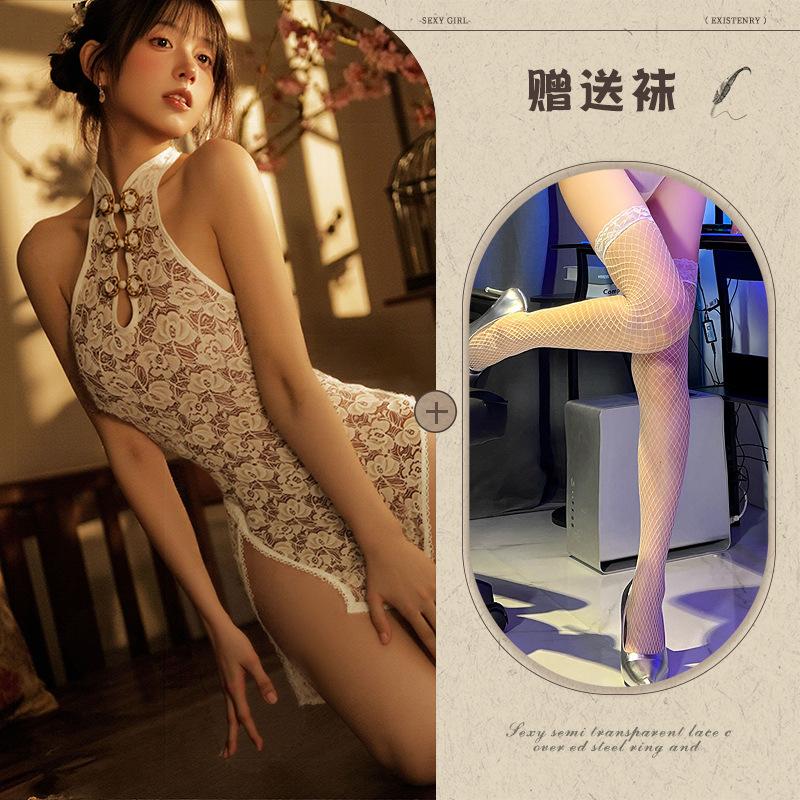 Sex underwear new sexy women's retro lace side open lace cheongsam bed passion uniform