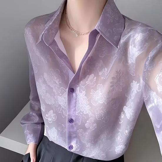 Women Shirt Lapel Long Sleeve See-through Flower Pattern Shirt Tops Single Breasted Thin Sun Protection Casual Shirt