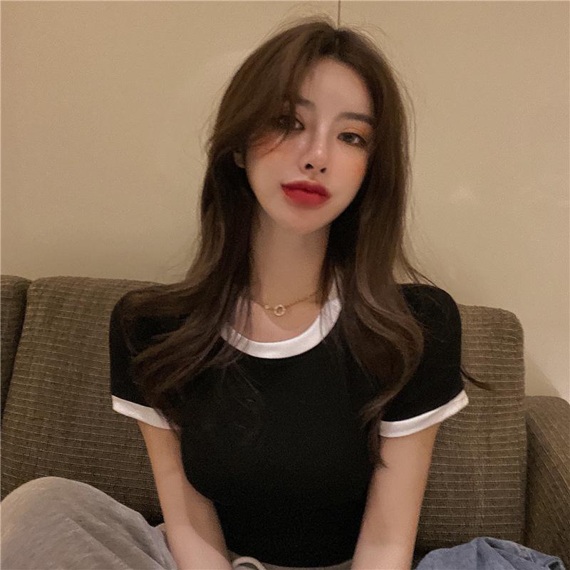 Летняя короткая корейская женская облегающая однотонная футболка с короткими рукавами для женщин, базовая рубашка с пупком
