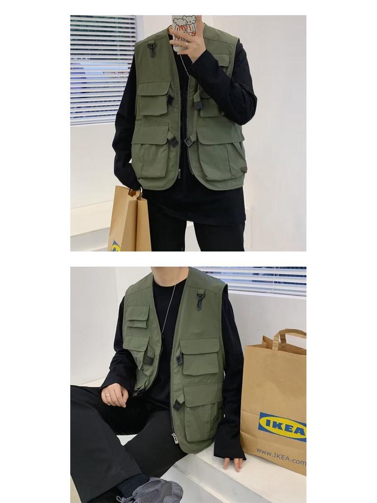 Мужской ретро японский уличный стиль жилет рабочей одежды с несколькими карманами, повседневный свободный крой, без рукавов, стиль национальной волны.