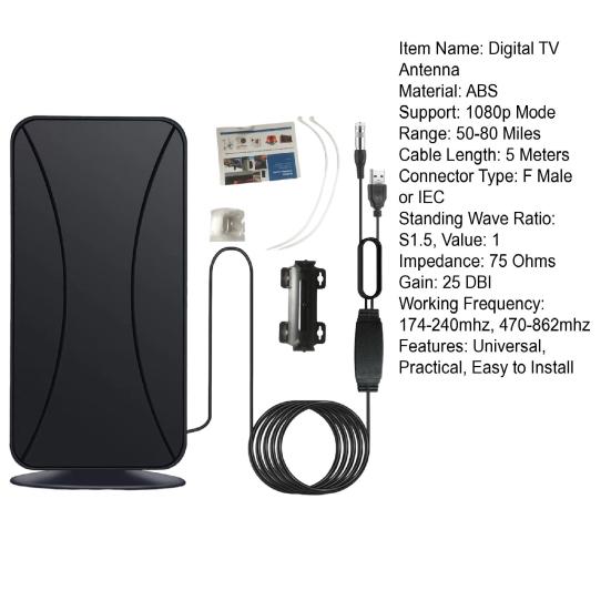 Indoor Digital TV Antenna Signal Booster 50-80 Mile Range 1080p Support Universal Easy