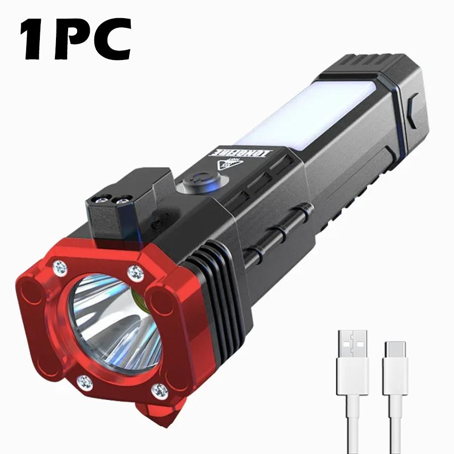 Multifunctional Super Bright LED Flashlight With Side Light USB Rechargeable Outdoor Portable Magnetic Torch Lamp Safety Hammer