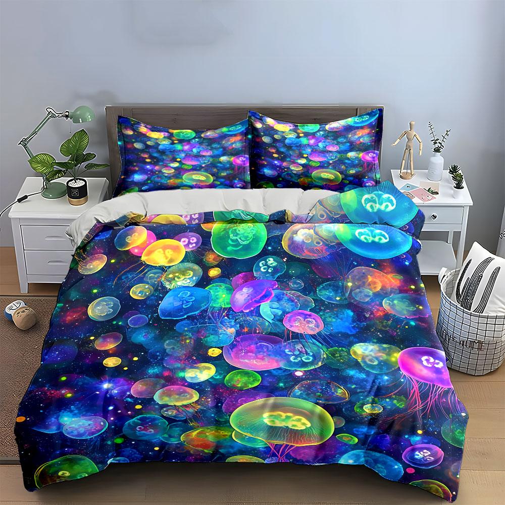 Colorful Jellyfish Ocean Decor Bedding Set with 1 Duvet Cover 2 Pillowcases Single Double King Queen, Gift