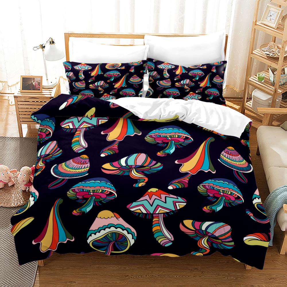 Magic Colorful Mushroom Bedding Set 3D Cartoon Mushroom Bed Linen Single Queen King Full Size Kids Girls Duvet Cover Room Decor