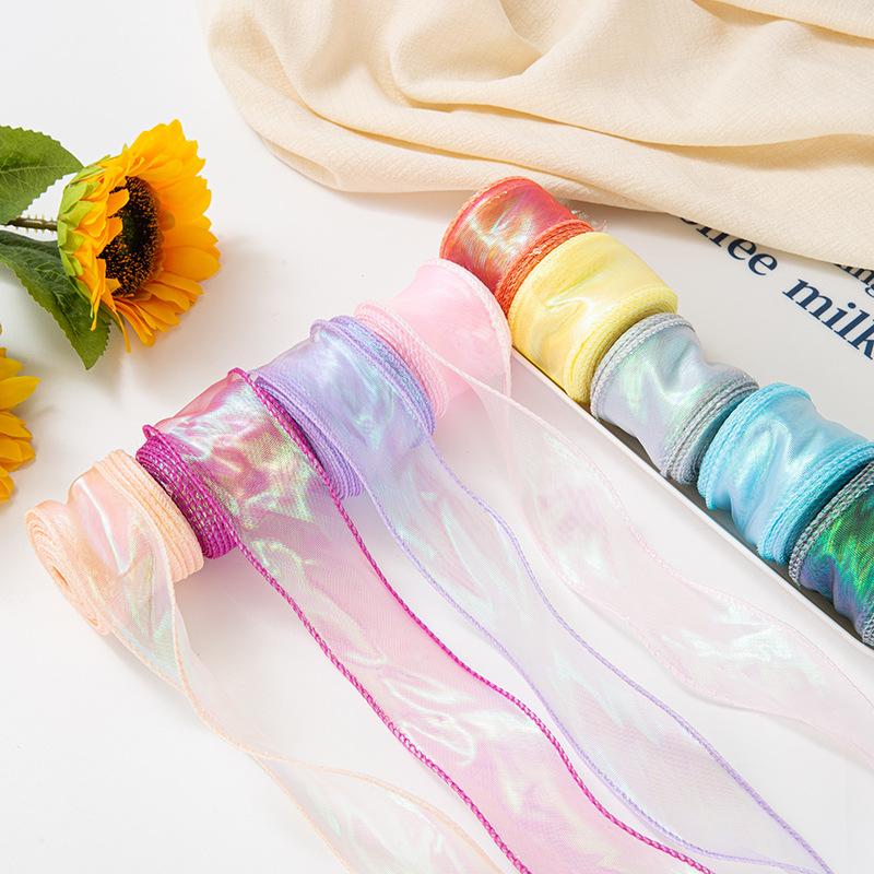 Iridescent Wavy Fish‑Tail Tulle Ribbon, Colorful Lace Yarn Tape for Flower Packaging Bow Making and Floral Art Decoration