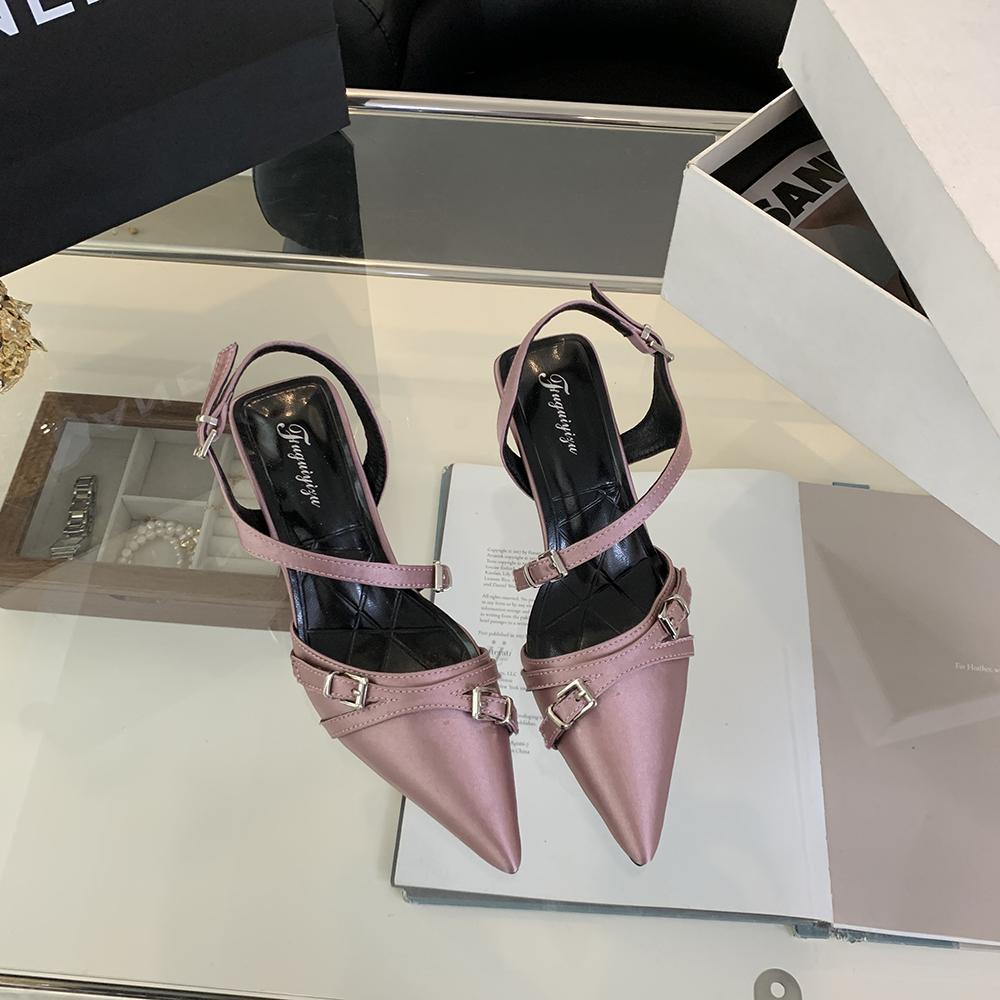 Модные женские босоножки с острым носком, новинка 2024 года, черные, розовые, бежевые, с пряжкой на ремне, туфли для вечеринки, с ремешком на щиколотке, сексуальные туфли для вечеринки