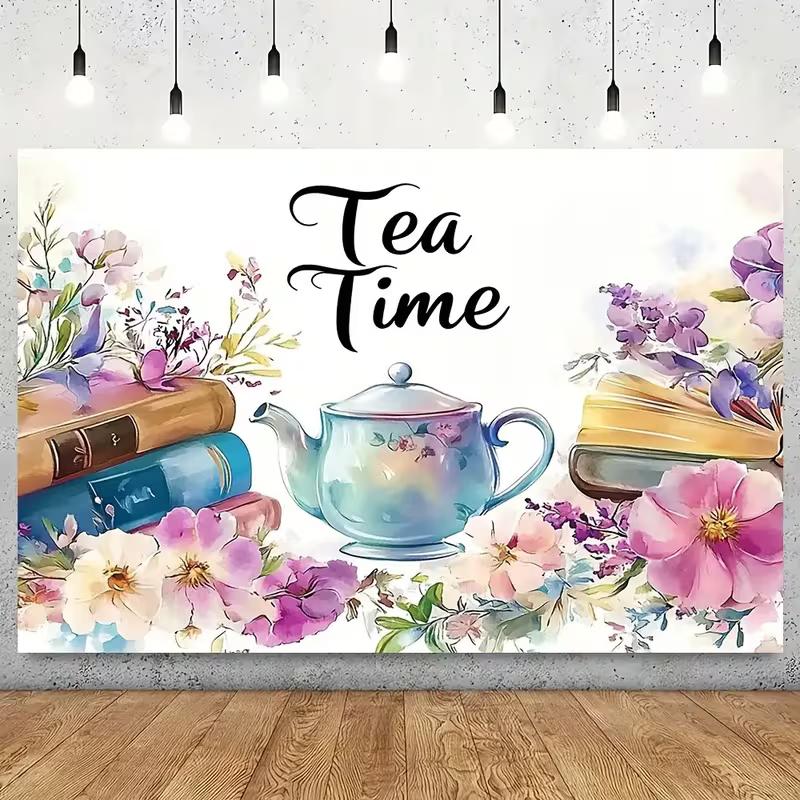 2D Vintage Tea Party Tapestry Floral Teapot and Stacked Books Background Cloth