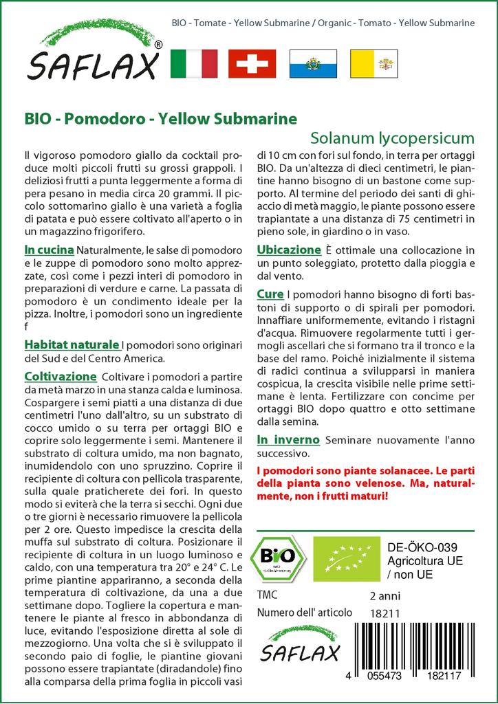 SAFLAX Сад в сумке - Органический - Помидор - Yellow Submarine - 10 семян - С субстратом в подходящем стоячем мешке - Solanum lycopersicum