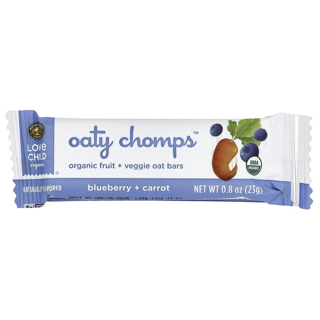 Love Child Organics, Nature's Path, Овсяные батончики Oaty Chomps™ Organic, 12+ месяцев, Черника + Морковь, 5 батончиков в индивидуальной упаковке, 0,8 унции (23 г) Каждый
