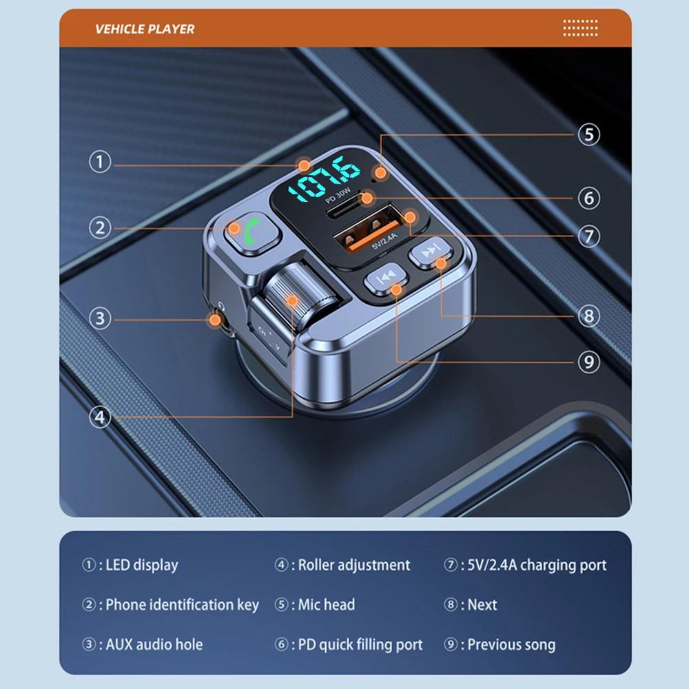 Автомобильный Bluetooth 5.1 Fm-передатчик PD 30 Вт USB-порт Type C, быстрое зарядное устройство, громкая связь, музыкальный плеер, беспроводной автомобильный комплект Aux 3,5 мм