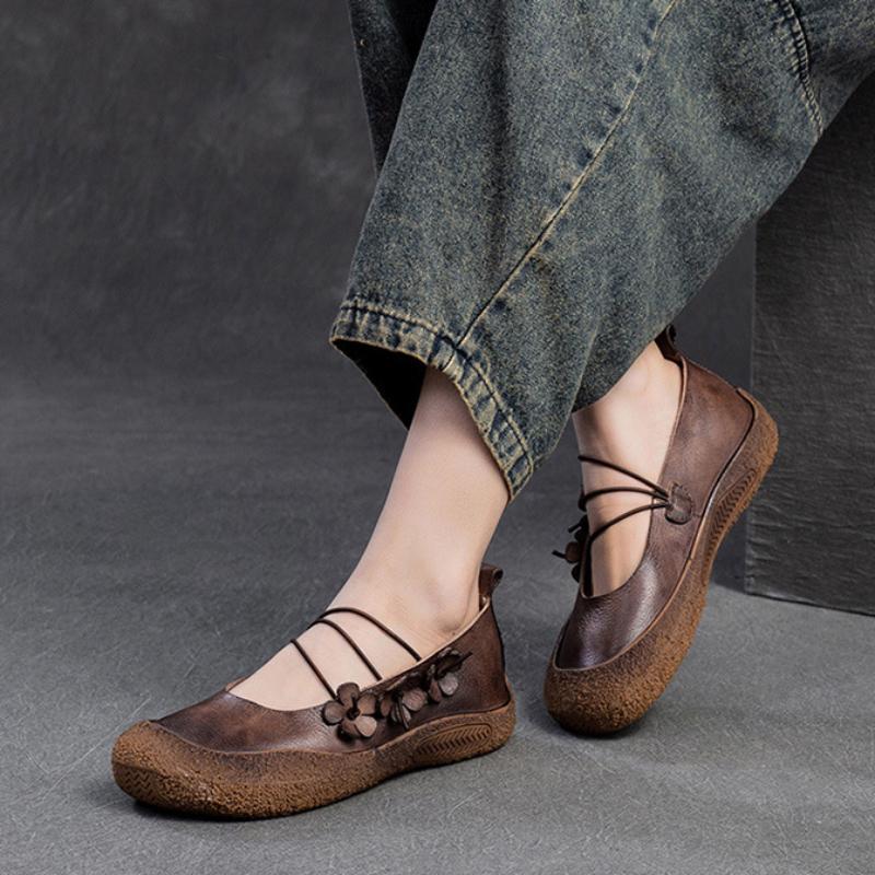 Johnature Туфли на плоской подошве из натуральной кожи с маленьким цветком в стиле ретро. Удобная женская обувь на мягкой подошве для отдыха и отдыха.