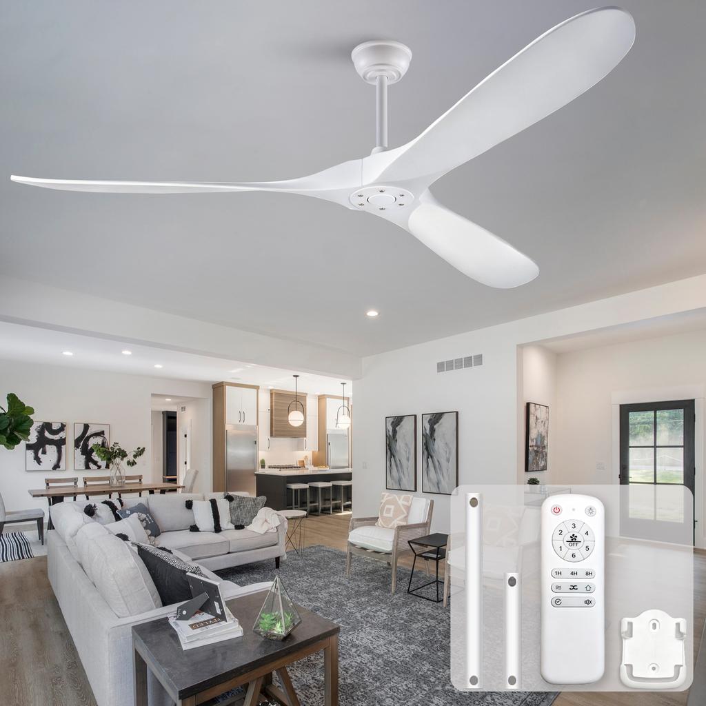 70-Inch ceiling fan in white, 3 solid wood blades, without lighting, with remote control, 6-speed reversible operation, and speed memory function