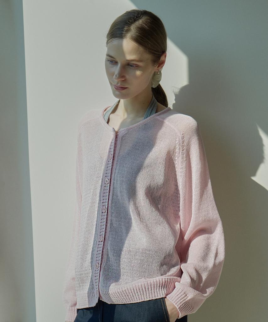 VLETI Summer Raglan Button Round-Neck Knit Cardigan (Pink)