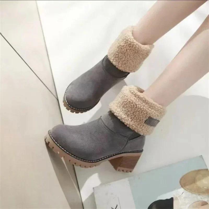 Fashion Autumn and Winter Fashion New Casual Comfortable Plus Velvet Warm Square Heel Round Toe Solid Color Women's Ankle Boots Shoes