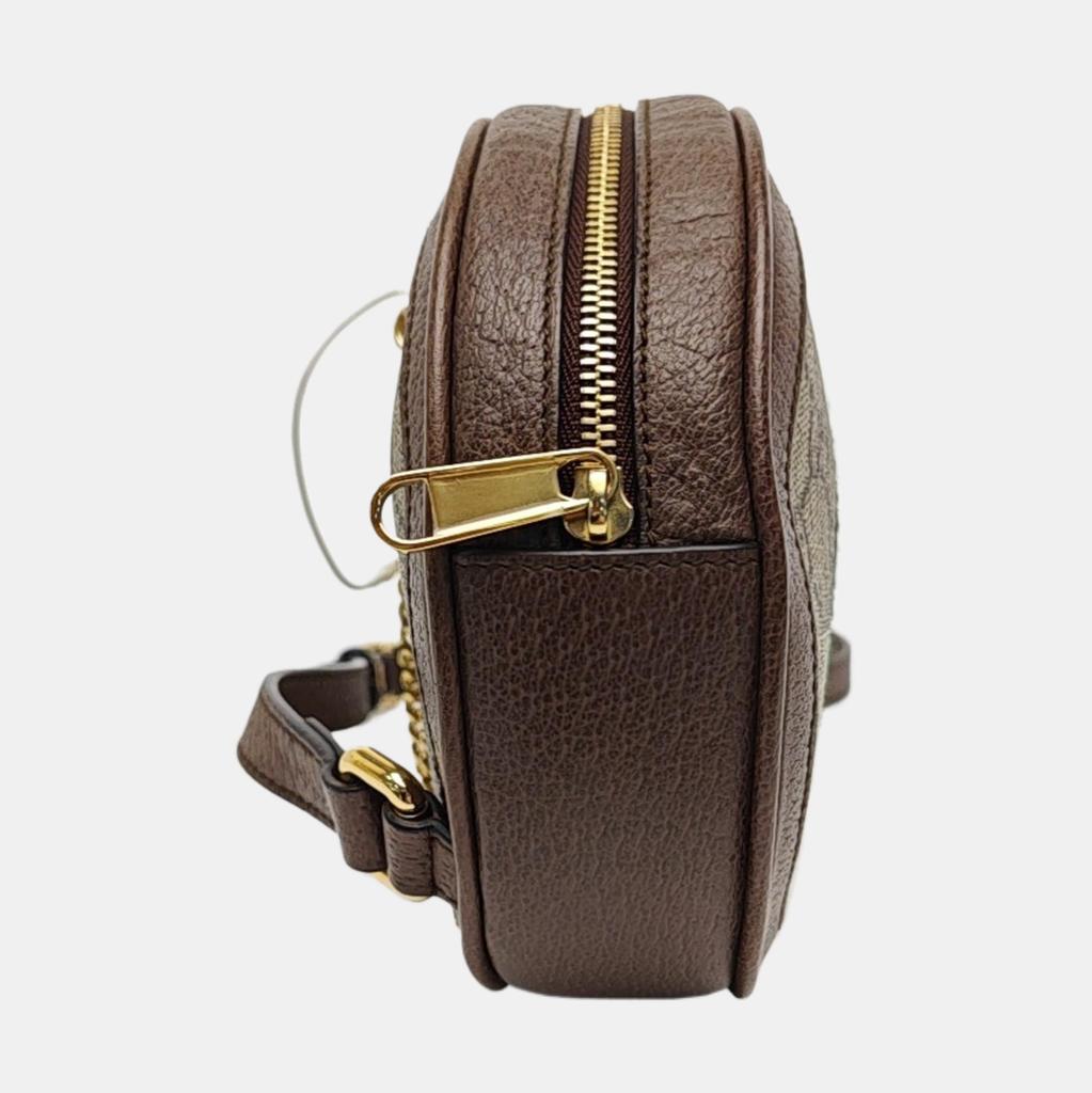[Pre-Owned] Ophidia Logo Stripe Web Zipper Canvas And Leather Round Bag Backpack Mini - Excellent #1OILUMQ