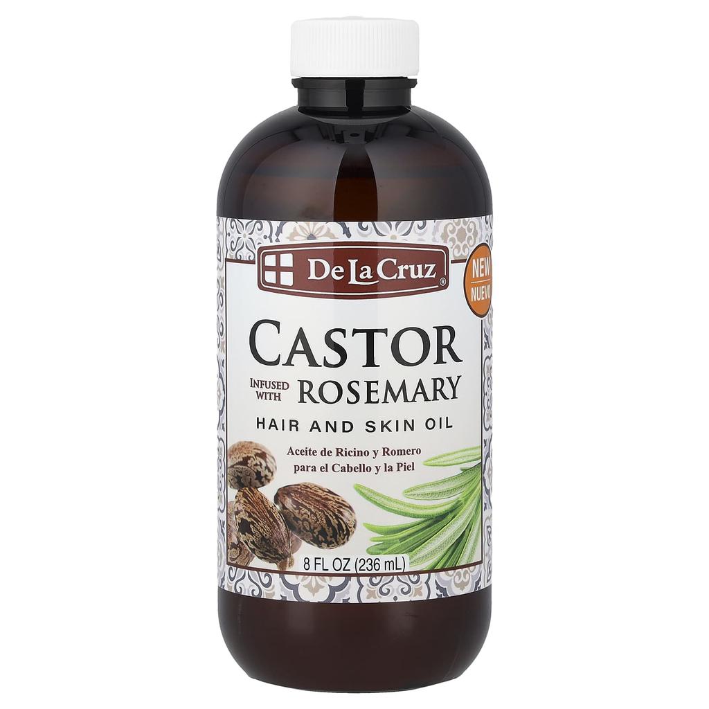De La Cruz Hair and Skin Oil, Castor with Rosemary, 8 Fl Oz (236 Ml)