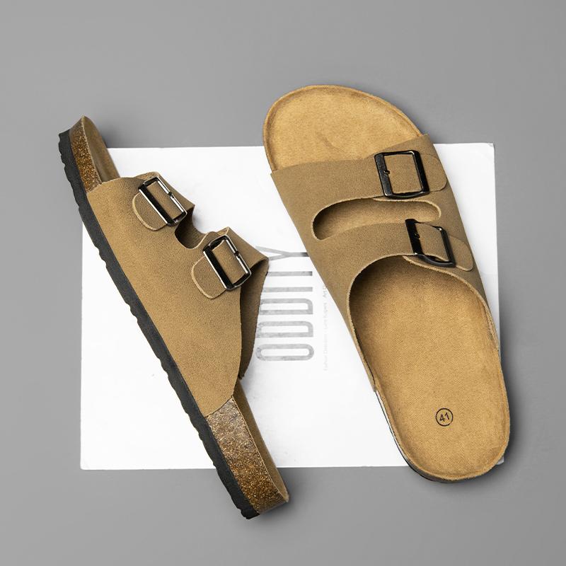 Модные летние мужские тапочки в британском стиле для подиума, модные сандалии для отдыха на природе, мужские тапочки из пробки, мягкие пляжные шлепанцы с двумя пряжками