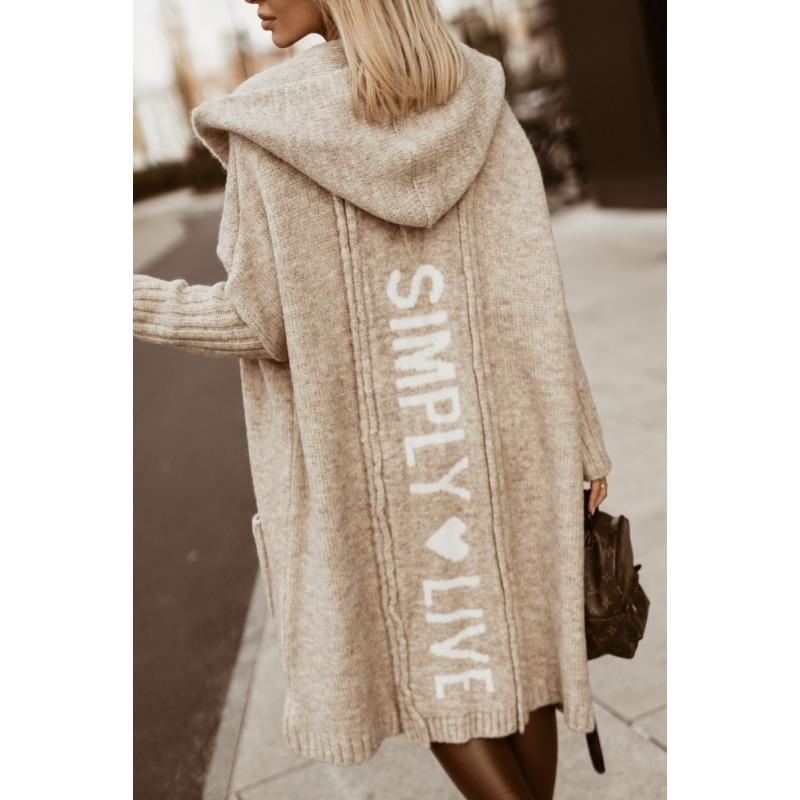Autumn and Winter Women's Sweater Cardigan Lapel Hooded Long Letter Loose No Buttons Knit Cardigan