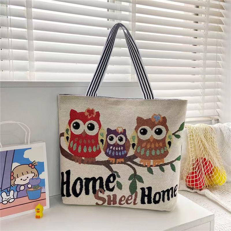 Harajuku Style Cartoon Canvas Bag, Literary Large-Capacity Shoulder Bag, Linen Trendy Cool Ethnic Style Women'S Bag