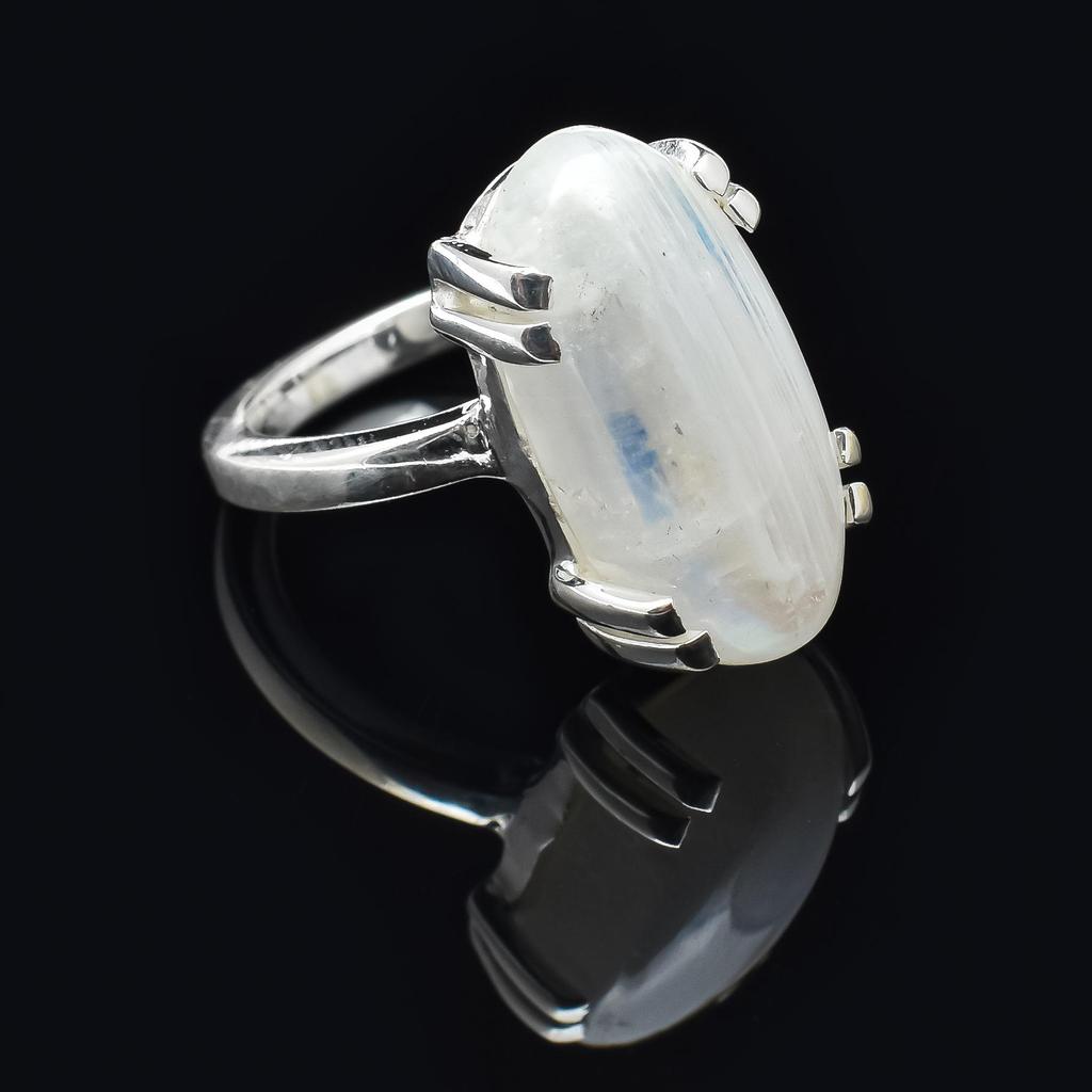 Натурального овального цвета Радужный Лунный Камень, Твердое Кольцо Стерлингового Серебра 925 пробы, Набор Зубцов, Кольцо Для Женщин и Девочек, Размер от 5 до 12