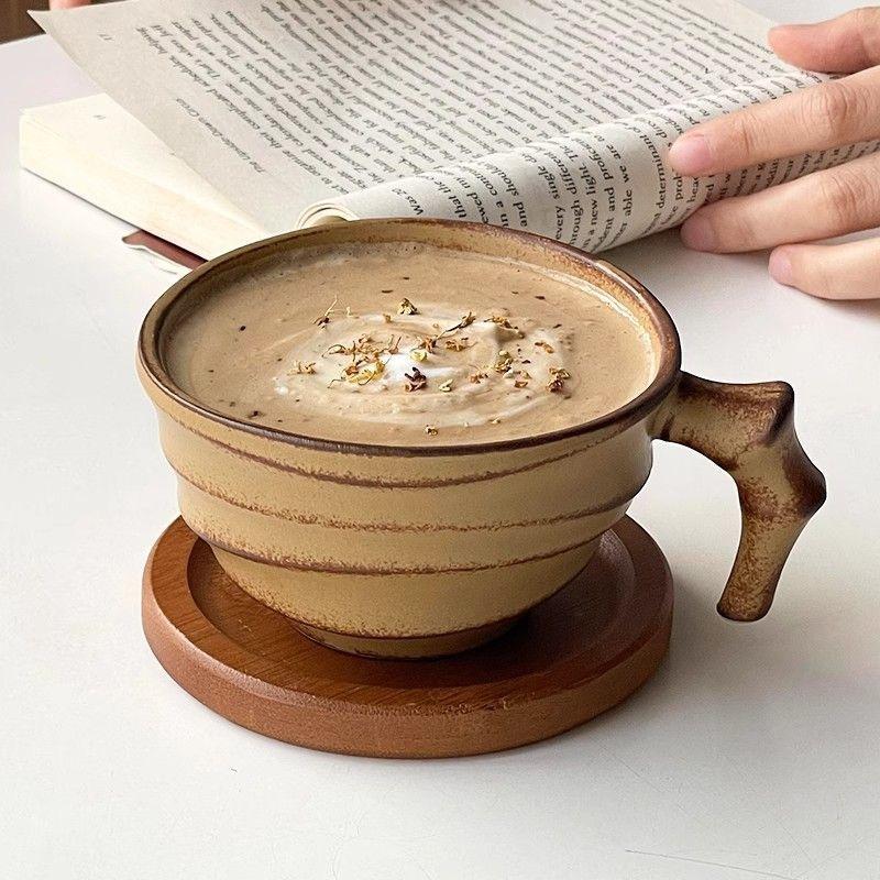 Винтажная керамическая кофейная кружка – Рустикальная чашка для латте ручной работы с дизайном в стиле бамбука