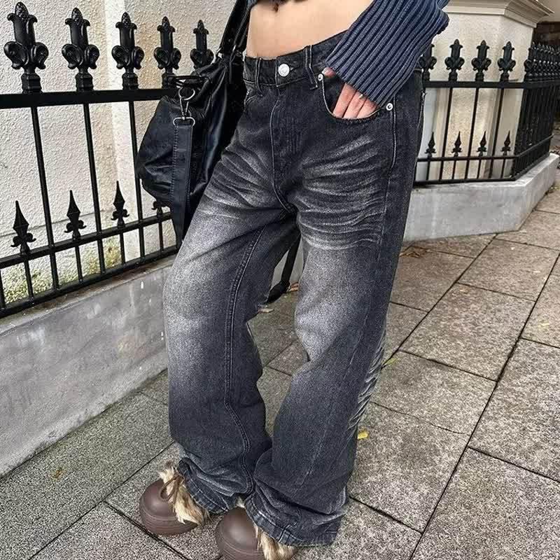 Retro Washed Distressed Straight Leg Jeans Men Women Loose Fit Cotton Denim Pants Casual Vintage Style