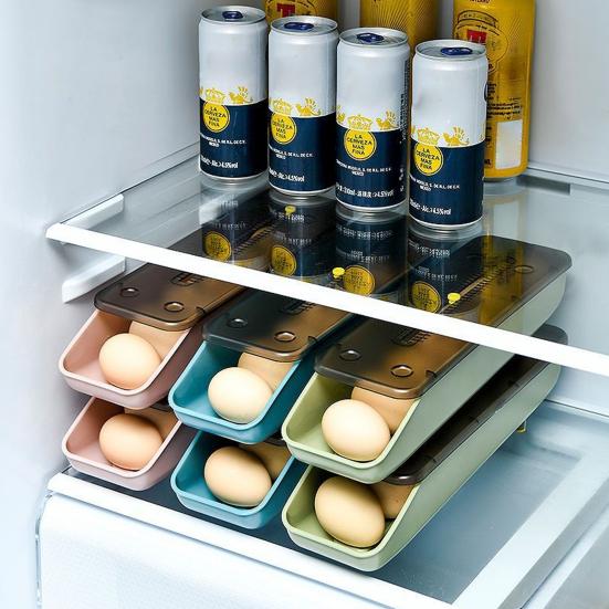 Контейнер для хранения яиц в холодильнике Большой вместимости Нескользящий Штабелируемый Дизайн Легко чистить Автоматический Раздвижной Диспенсер для яиц