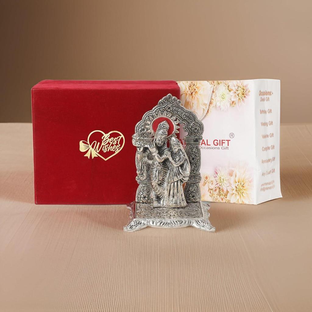 Silver Radha Krishna Chowki God Idol | Best Wishes Printed Box | Carry Bag