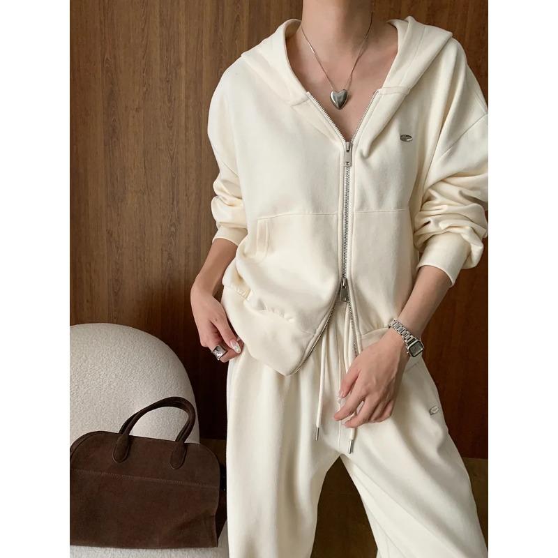 Осенняя мода Двойная молния Ленивый Повседневный свитшот с капюшоном Завязка Широкие брюки Костюм Ранняя осень Новый стиль