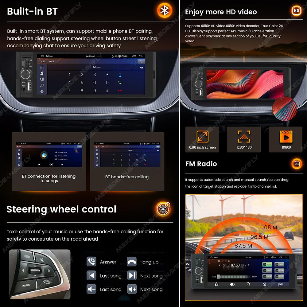 OD8 6.86" 1280*480 1 Din MP5 плеер автомобильный радиоприемник беспроводной Carplay Android Auto мультимедийный плеер 1Din FM авто радио стерео