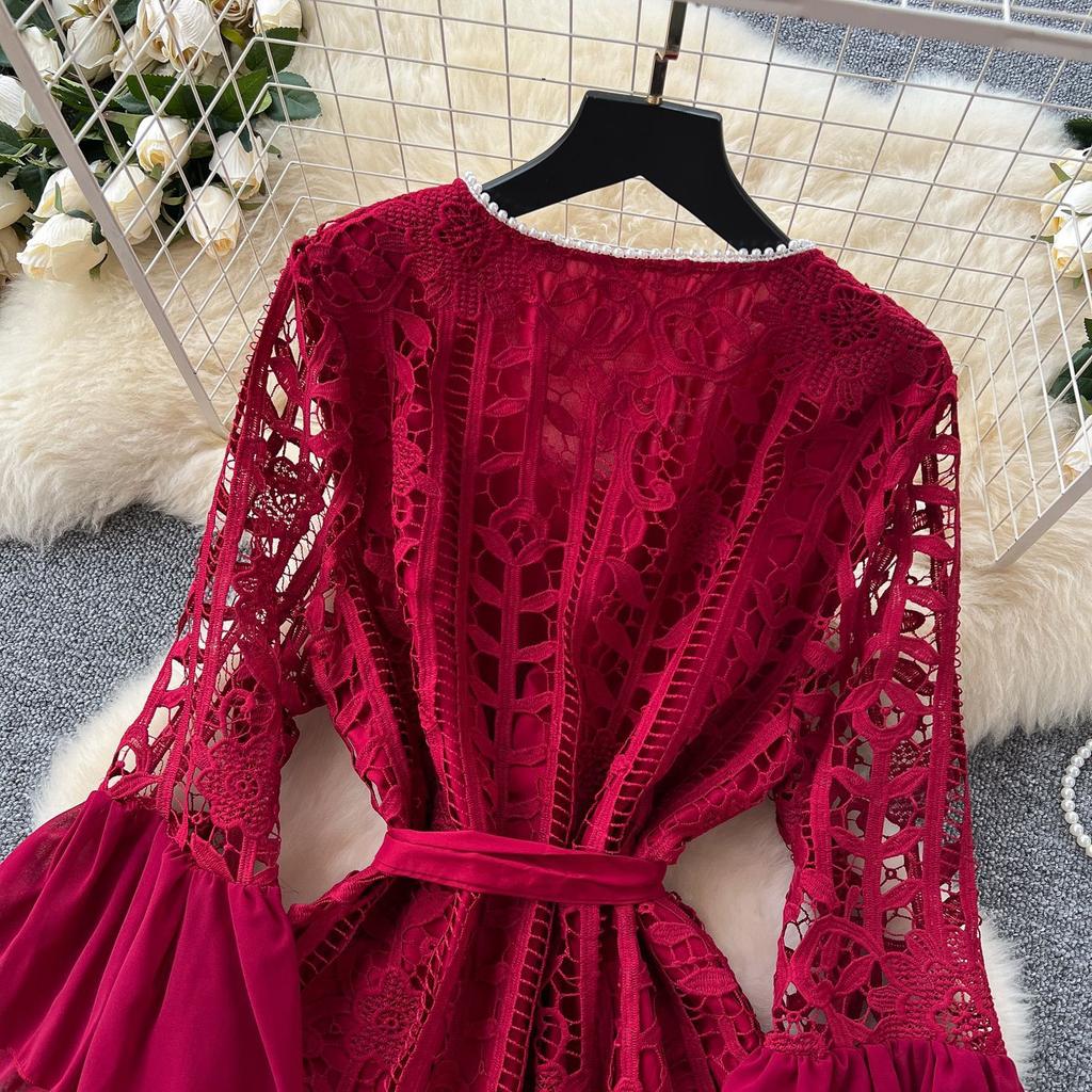 France Vintage Hollow Out Evening Dress Women Sashes V-Neck Flare Sleeve Crochet Elegant Dress Female Casual Chic Clothing