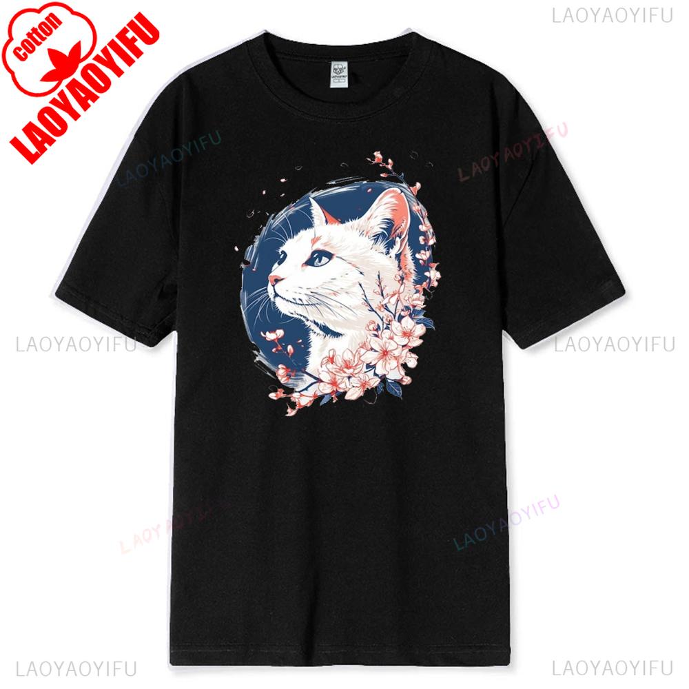 Japanese Cat Tshirt Kawaii Y2k Graphic Japan Sakura Shirt Cute Anime Streetwear Top Unisex Cotton Tshirt Harajuku Breathable
