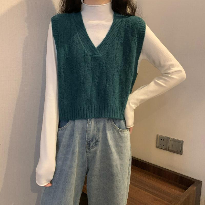 Women's Early Autumn Vest Loose V-Neck Short Sleeveless Cardigan Sweater Outer Wear Knitted Gilet Top Korean Style